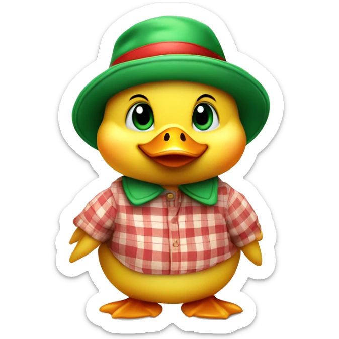 cute fluffy chubby baby duck with hand and wear green hat and red checkered shirt sticker
