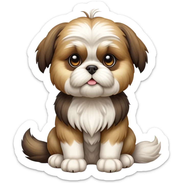 cinematic-[Shish tzu]-realistic-full-body-sitting-emoji,-tail-resting-loosely-beside-its-paws,-head-tilted-dramatically, -scruffy-fur,-simplified-yet-realistic-focused-features,-highly-detailed,-glowing-with-an-almost-sarcastic-glow sticker