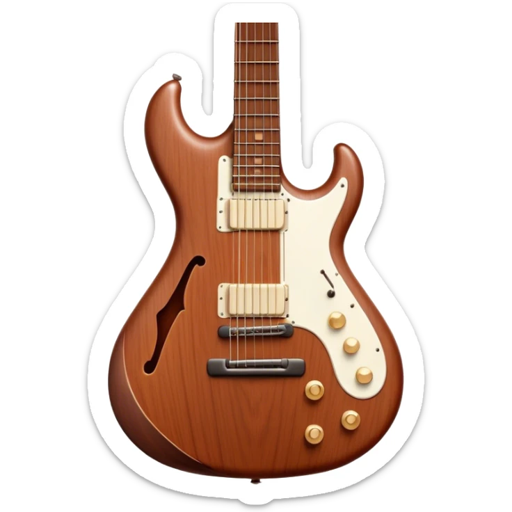 Cinematic Realistic Guitar, smooth mahogany body with deep wood grain, metal strings catching soft reflections, intricate tuning pegs gleaming subtly, warm light accentuating the contours, glowing with the warmth of music and craftsmanship. sticker