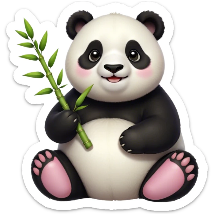 Cinematic smiling chubby panda, fluffy black and white fur, round rosy cheeks, tiny paws holding a bamboo shoot, sparkling eyes full of joy, soft glowing background, irresistibly huggable. sticker
