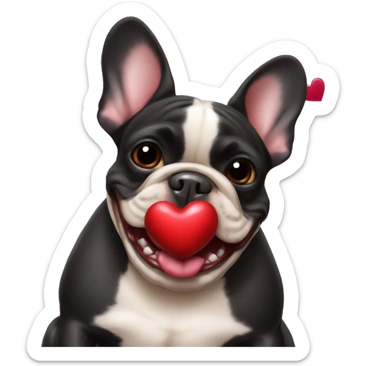 Black and tan colored French bulldog holding Valentine in mouth sticker
