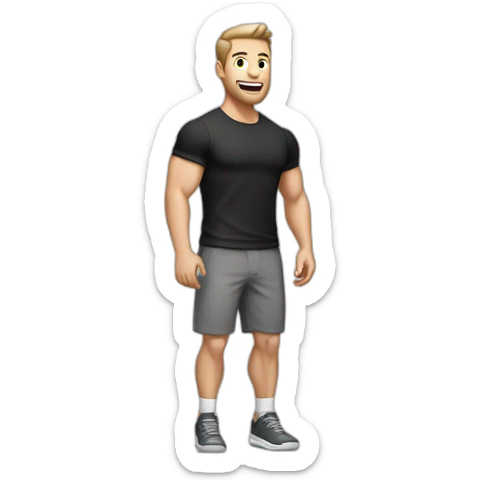 amazed Open with surprise mouth Pale skinned Fit Man With the biceps and dark brown hair in black shirt, gray sports shorts and white Sneakers sticker