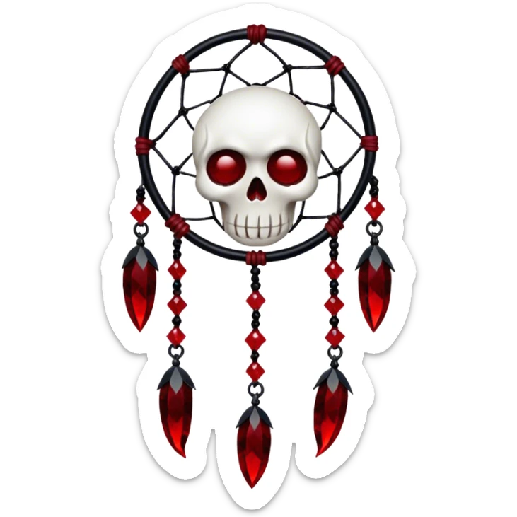 Blood-red, bloody, obsidian-black, edgy, dream catcher, red gemstones, black wires, black threads, tiny white skull, sticker