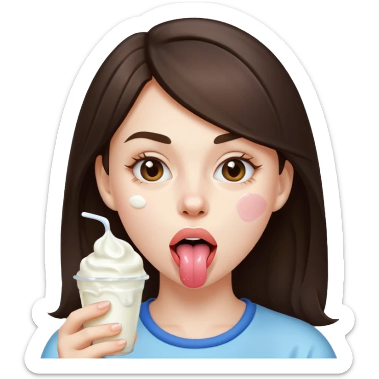 Brunette girl, tounge out, yogurt all over face and on tounge  sticker