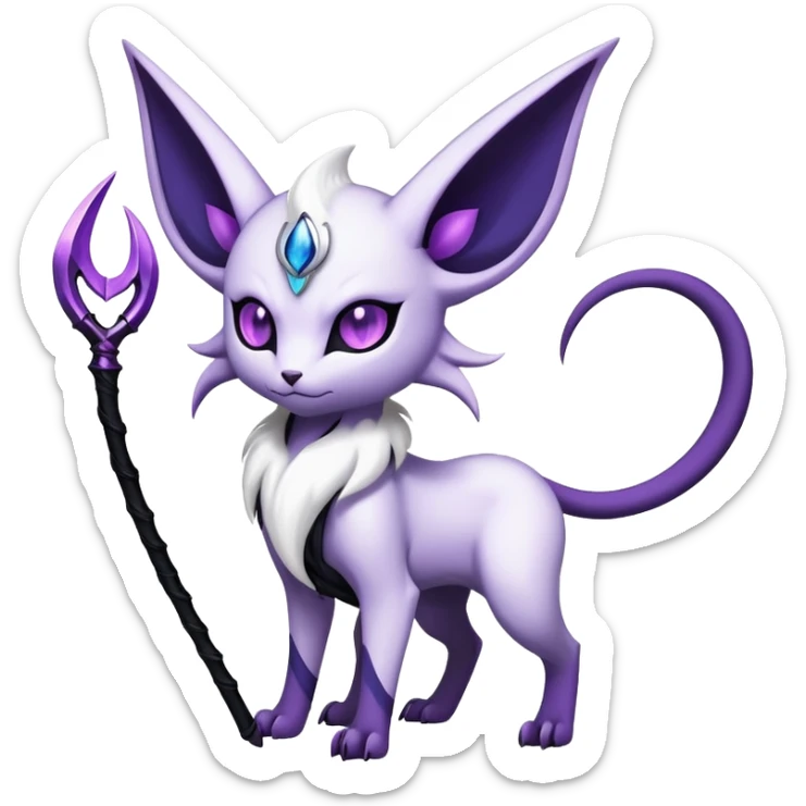 Shiny Exotic Badass Mystical Mysterious Gothic Espeon-Absol-Pokémon-Fakémon-hybrid-creature (full body) with a scythe-shaped-tail sticker