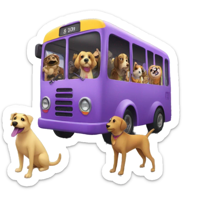 Dog on a purple bus with a rainbow and animal passengers sticker