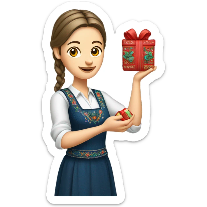A female teacher in Ukrainian embroidery holds a gift in her hand sticker