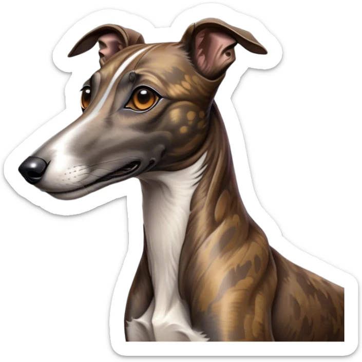 Cinematic Noble Brindle Greyhound Portrait Emoji, Poised and regal, with a slender, aerodynamic build and a refined brindle Fur, deep-set soulful eyes, Simplified yet sharp and sophisticated features, highly detailed, glowing with a soft, dignified glow, high shine, intelligent and agile, stylized with an air of elegance, focused and attentive, soft glowing outline, capturing the essence of a watchful and graceful racer, so majestic it feels as though it could dash out of the screen with effortless authority! sticker