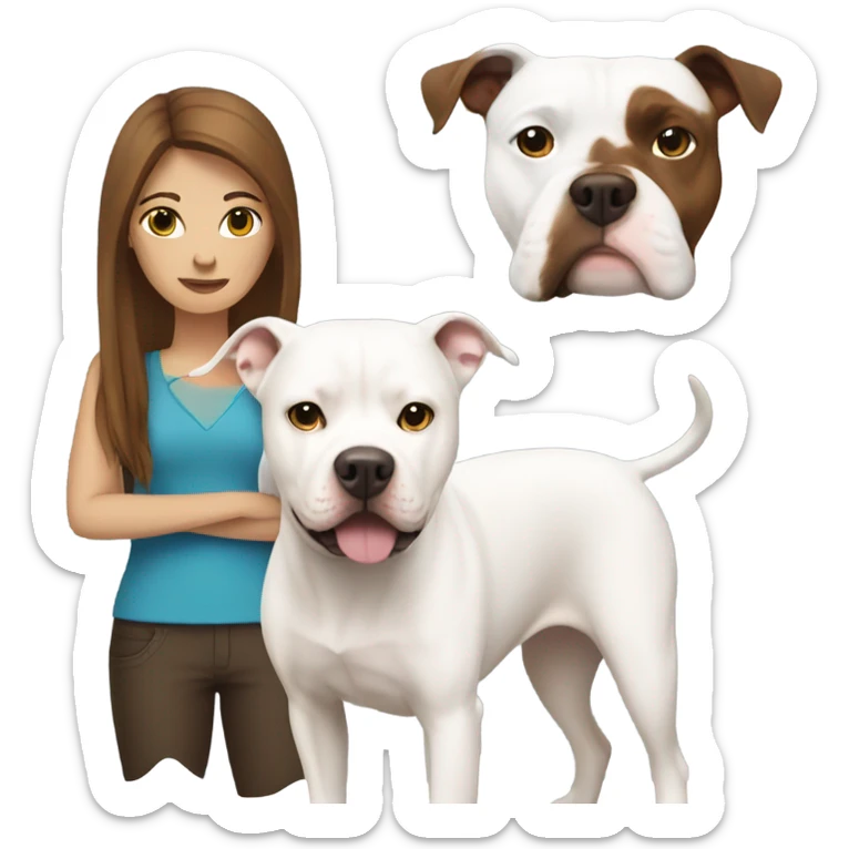 white woman with straight long brown hair standing alongside a white pitbull sticker