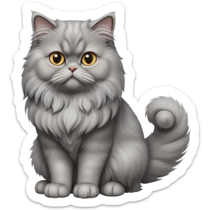 cinematic-[grey persian cat]-realistic-full-body-sitting-emoji,-tail-curled-playfully-around-its-paws,-head-tilted-dramatically,-fluffy-[grey]-fur,-simplified-yet-realistic-focused-features,-highly-detailed,-glowing-with-an-almost-sarcastic-glow sticker