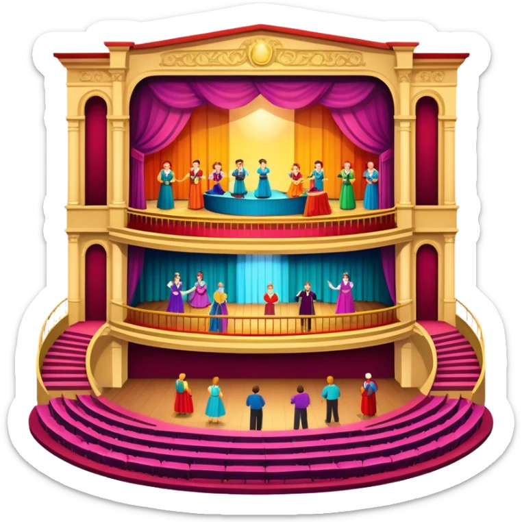 An icon showing a grand theater stage with actors performing in a vibrant play, surrounded by dramatic lighting. The audience watches from colorful balconies, adding to the lively atmosphere. The design captures the magic of live theater, set against a transparent background. sticker