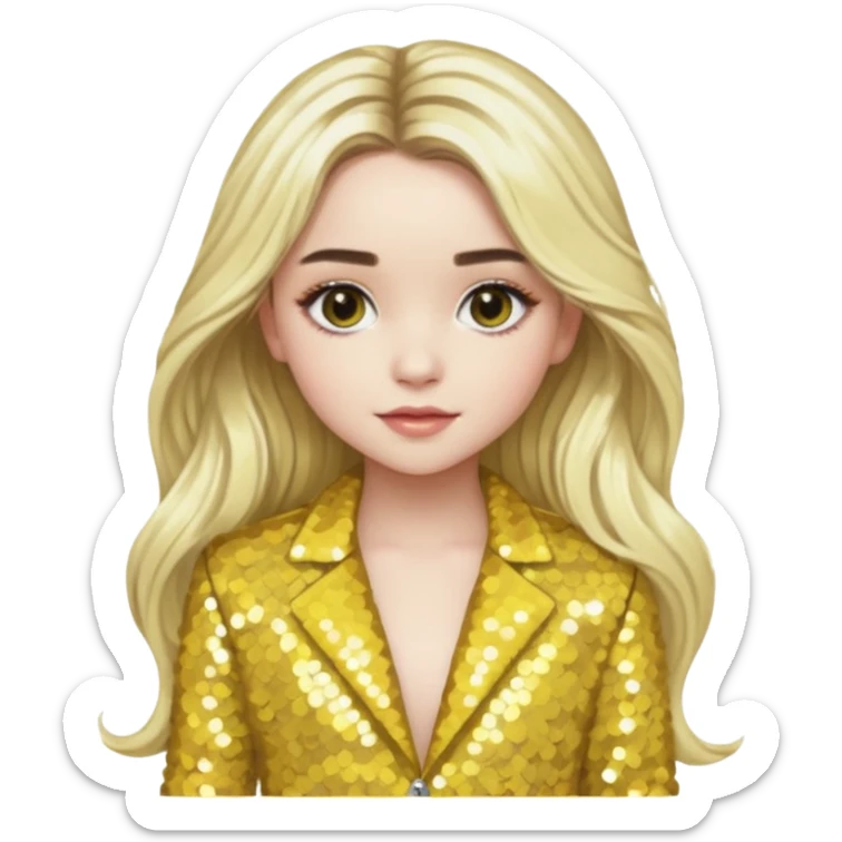 Sabrina Carpenter with long platinum blonde hair, yellow sequin outfit sticker