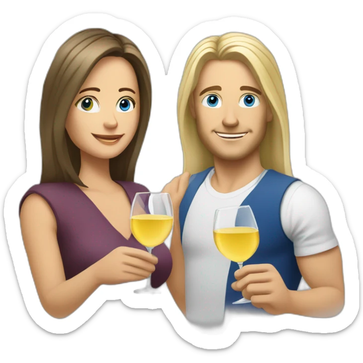A white woman, she has brown eyes and blond medium long hair. A white man, he has blue eyes and grey hair. They toast to each other with a glass of white wine. sticker