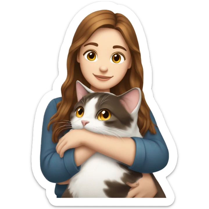  Brown hair white girl hug calico cat sticker