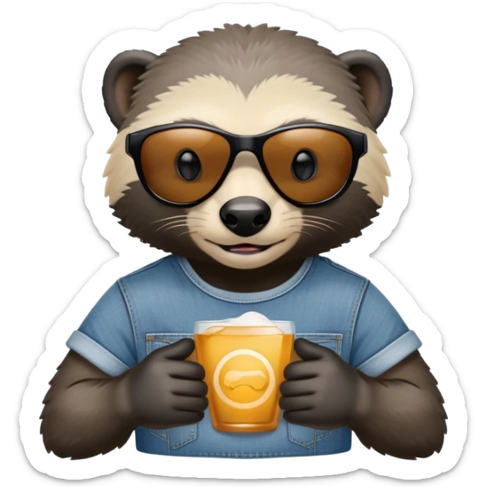 friendly anthropomorphised honey badger in jeans and a t-shirt, wearing sunglasses, head and shoulders view sticker