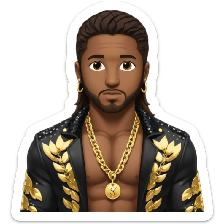 Omarion with long dark brown hair, black sequin jacket, shirtless with necklace sticker