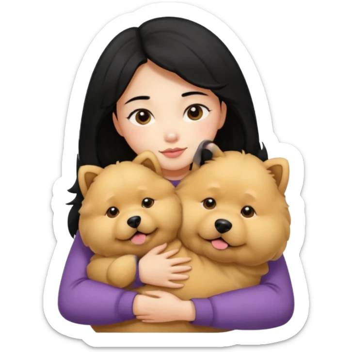 A girl with black hair hugging a beige fluffy chow chow dog sticker