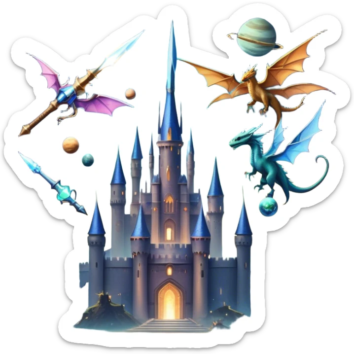 Fantasy and Sci-Fi Movies: A magical collage with a glowing sword, flying dragons, and futuristic spaceships. Stars and planets shimmer in the background, with a mystical castle and an ancient wizard holding a staff. The atmosphere is epic, otherworldly, and adventurous. Transparent background. sticker