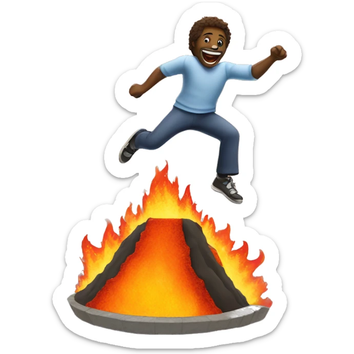 Happy man jumping into a flaming volcano that is fake and has a trampoline in it sticker