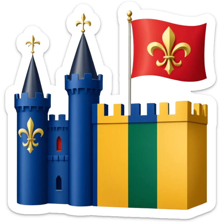 Louisiana Creole flag in 4 boxes: gold fleur-de-lis on deep blue/black; green, yellow, red stripes in upper right and lower left with green star in upper right; yellow castle on red in lower right. Flat vector, clean, high contrast, clear at small size. sticker