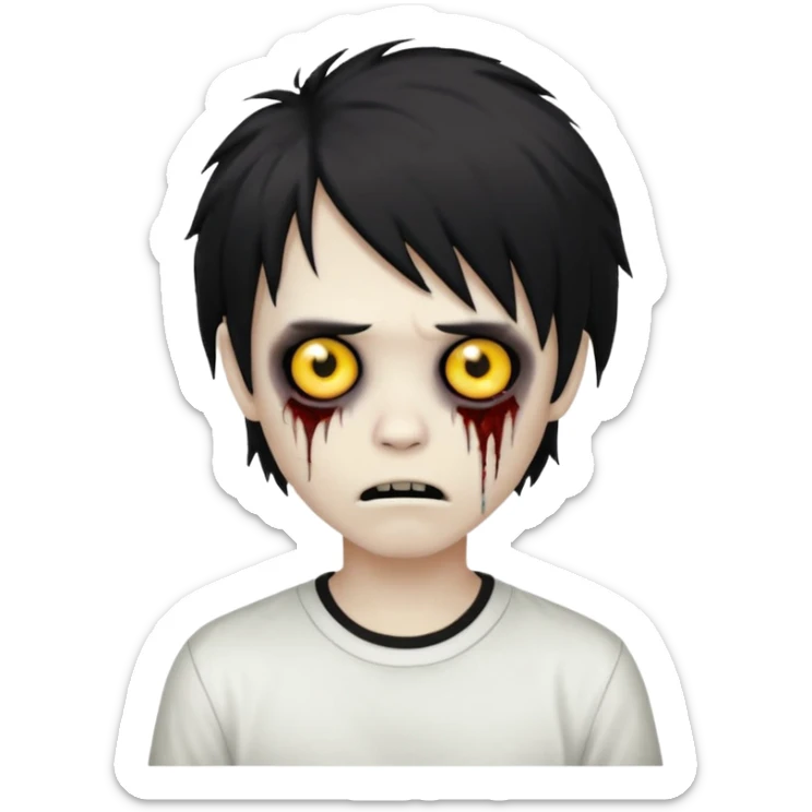 boy zombie with black, medium-long, emo, shaggy hair, dark and spooky, creepy expression, wearing a white shirt, emoji style sticker