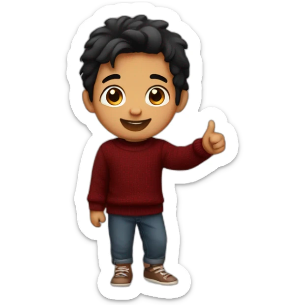smiling and pointing 3 years old north indian with black hair wearing a dark red sweater sticker