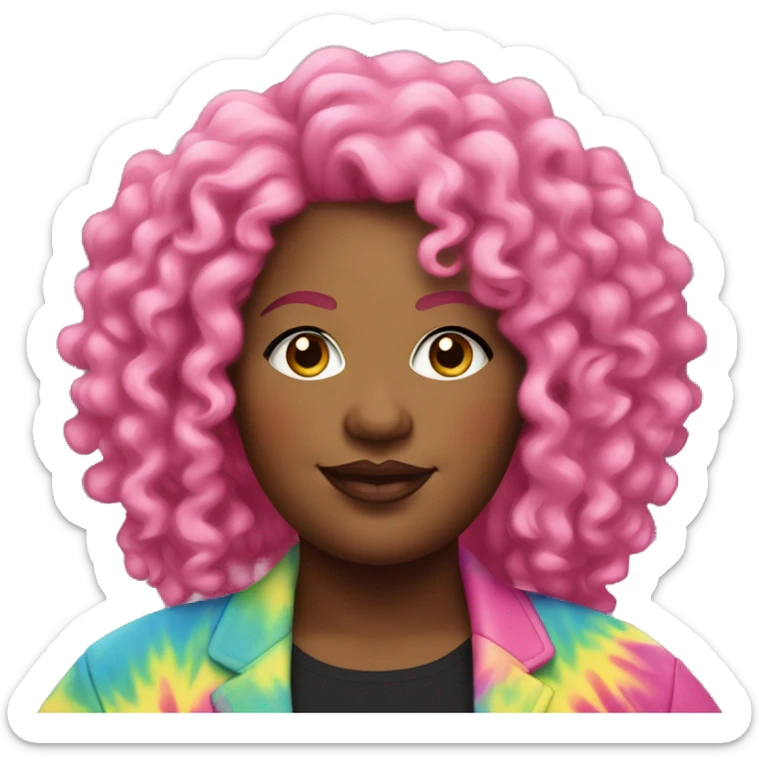 Plus size black woman with pink curly hair and a tie dye jacket  sticker