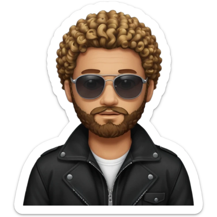 biker gang with black sunglass and rugged and bulky guy bearded curly hair black jacket one gay sticker
