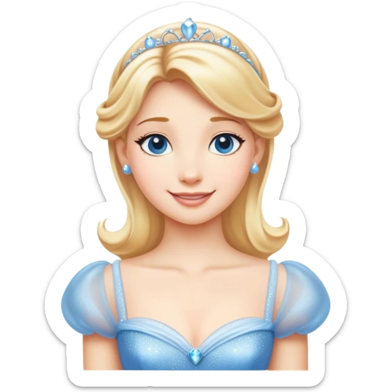 Cinematic Radiant Cinderella Portrait Emoji, rendered in a clean vector-style with bold proportions. Show Cinderella with a warm, serene smile, fair skin, and lustrous blonde hair, wearing a simple yet elegant dress that shimmers with gentle light. The image glows with an inviting, soft radiance and high shine, embodying timeless beauty. sticker