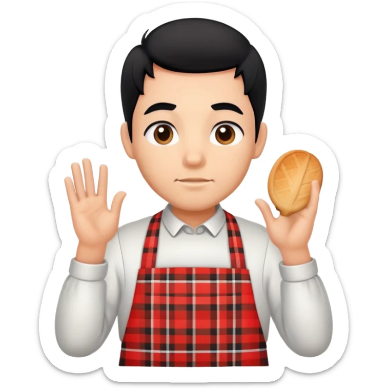 big boy with black hair all up, wearing a white and red plaid apron sticker