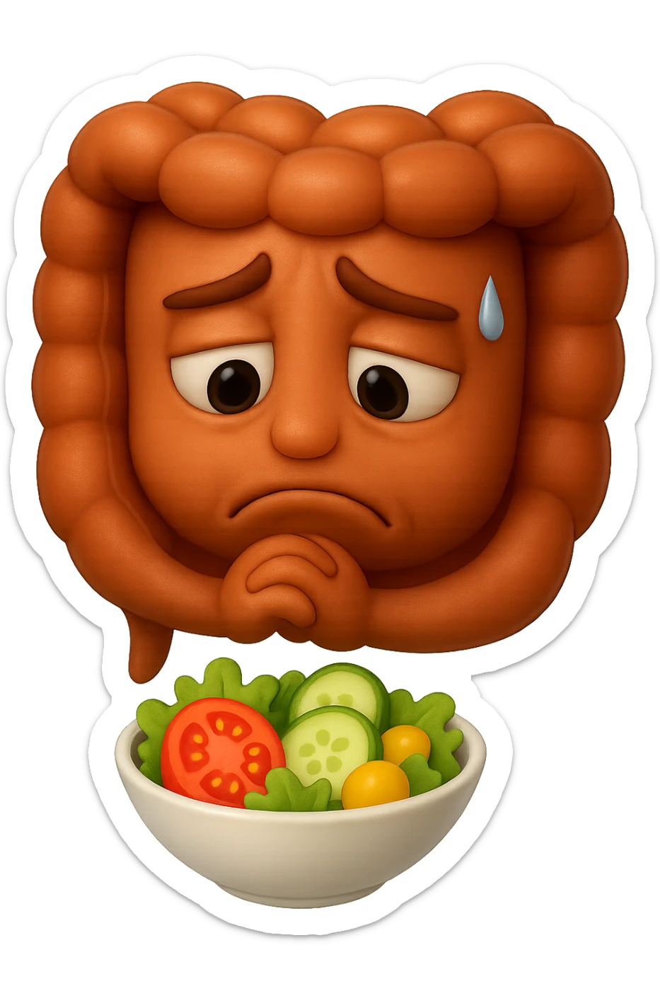 EMOJI STILE IPHONE DI UN INTESTINO UMANO ANATOMICO CHE GUARDA UN INSALATA CON ESPRESSIONE TRISTE E RASSEGNATA IN VOLTO: SOFFRE LA FAME PERCHé è A DIETA, FAGLI ANCHE LA PARTE BIANCA DEGLI OCCHI, NON SOLO LE PUPILLE, IPERREALISTICO 4K sticker