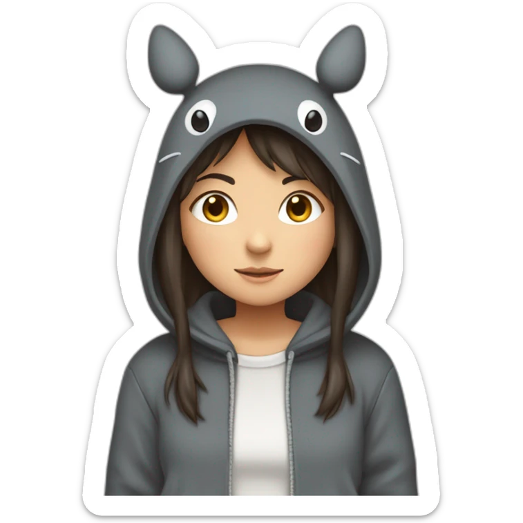 Fille Brune avec un sweat-capuche Totoro gris foncé avec les rond clair de Totoro sur ventre  sticker