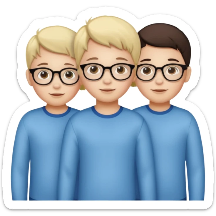 Triplets, one girl with no glasses, two boys with glasses, young children sticker