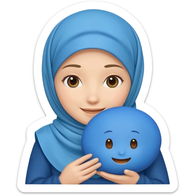 white pretty woman with hijab holding a blue cushion emoji sticker