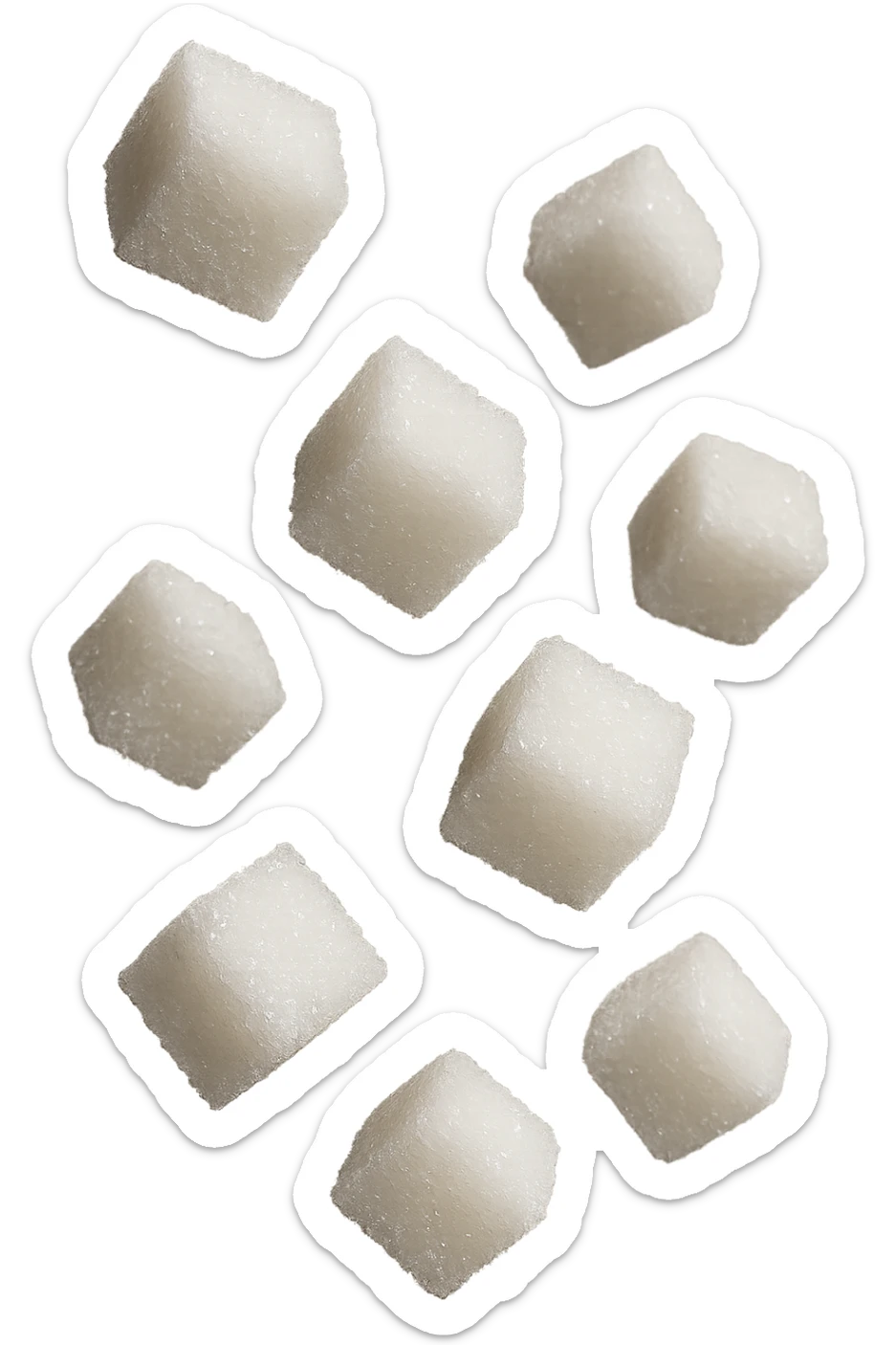 zollette di zucchero fluttuano in aria, iperrealistico 4k sticker