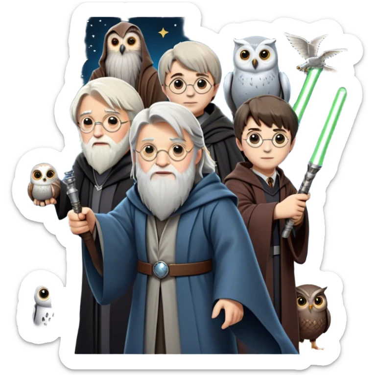 Icon for Fantasy and Sci-Fi Movies: Collage featuring Harry Potter with his wand, Dumbledore. Luke Skywalker with a lightsaber and futuristic robots. Background with a magical planet, Hogwarts, flying owls and spaceships. Epic and magical atmosphere. Transparent background. sticker