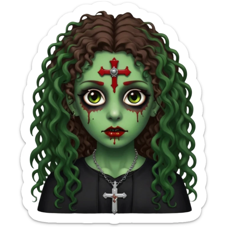 Zumbi verde com olhos castanhos aspecto de que tá sangrando, com cabelo marrom cacheado longo um piercing do lado esquerdo do nariz, roupa preta e crucifixo como colar, e também delineador  sticker