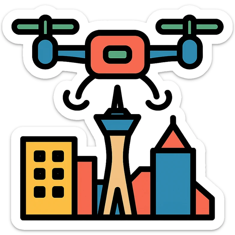 modern color icon of a drone flying over the Las Vegas skyline sticker