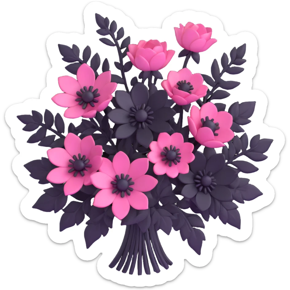 minimal 3D gothic bouquet with pink and black flowers, simple and dark sticker
