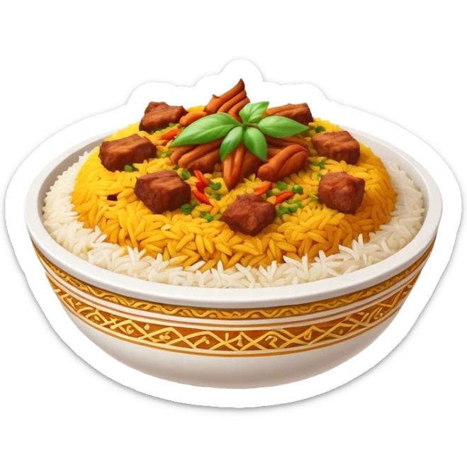 Cinematic Realistic Biryani Dish Emoji, depicted as aromatic basmati rice layered with spiced meat and herbs rendered with vibrant textures and warm, inviting lighting. sticker