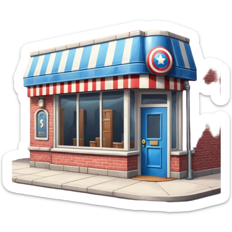 barbershop exterior with secret superhero lair hidden inside, barber pole, secret entrance sticker