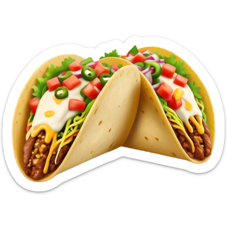 Cinematic vibrant tacos, warm soft shells filled with flavorful meats, fresh vegetables, cheese, and zesty salsa, colorful and lively, ultra-detailed and appetizing. sticker