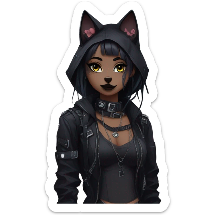 Gorgeous gothic dark techwear cyberpunk anime style sona anthro cat, aesthetic, and pretty edgy black with collar and harness, trending style sticker