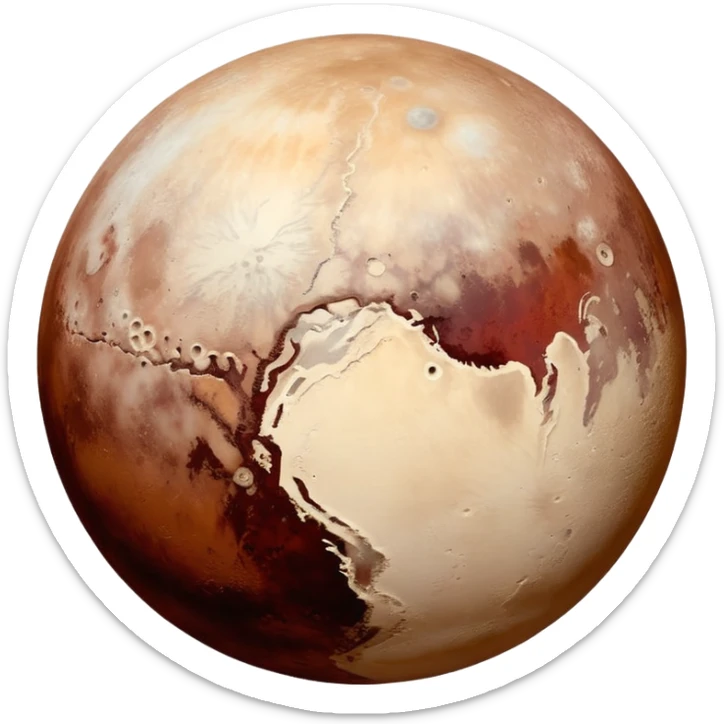Pluto as a planet emoji, apple emoji style, mix of reddish-brown, white, and gray hues, large bright icy region like Sputnik Planitia, contrasting darker red-toned areas rich in tholins, simple and round, no text sticker