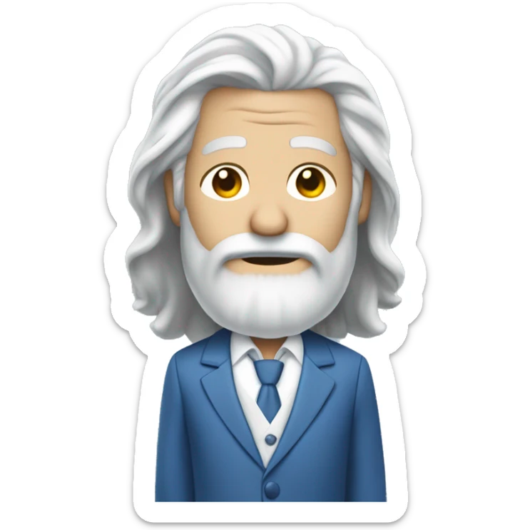 light gray hair man with long hair, light gray beard, open white shirt under a blue suit, holding in his hand a towel upon his head sticker