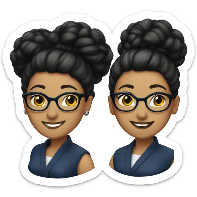 woman-black hair-bun-with glasses navy-smile sticker