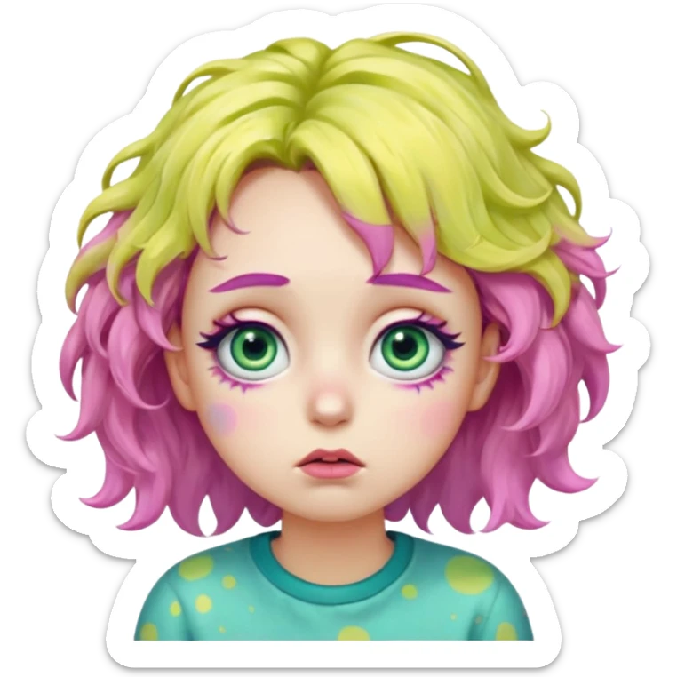 messy, wavy chartreuse hair, with pink specks, bushy eyelashes, and big round eyes, with irises that are teal on the outside and yellow on the inside while making a pouty face saying pay attention to me in bubble words sticker