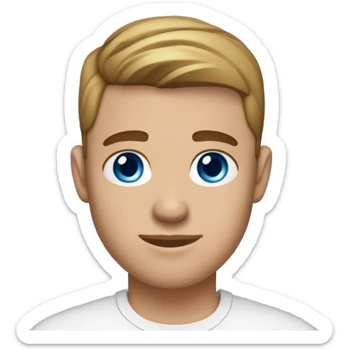 A guy with blue eyes, light skin, shaved brown hair under 0.5, wearing white T-shirt, a silver earring piercing with a cross on one ear. sticker