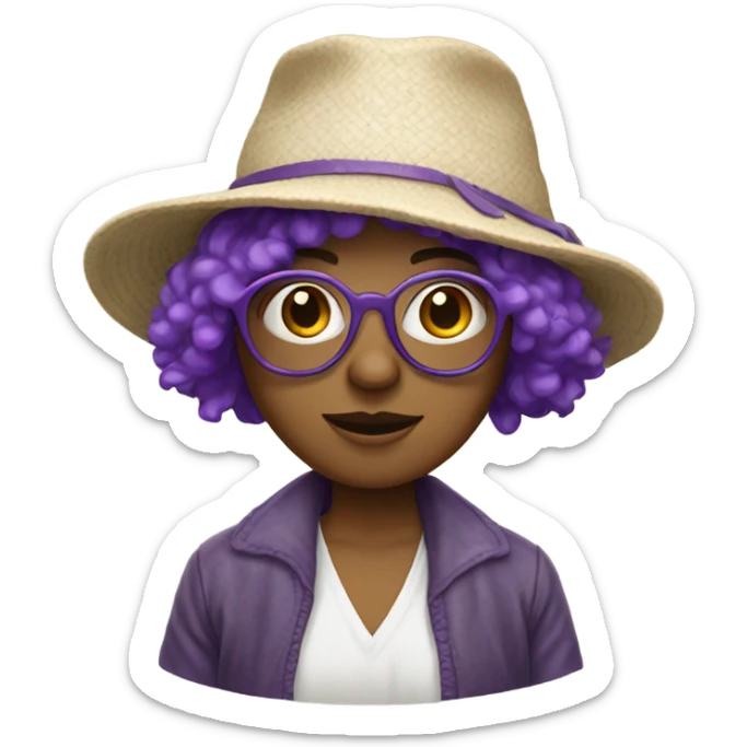 Hippie wearing a white, floppy hemp hat. She has short purple hair and where round glasses.  sticker