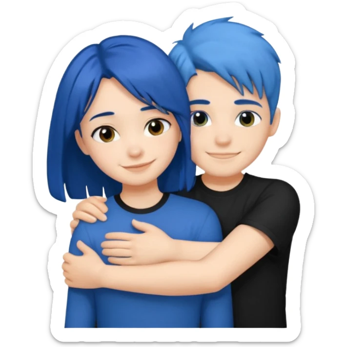 Happy DARK Blue hair girl hugging blue hair boy both wearing black shirts sticker